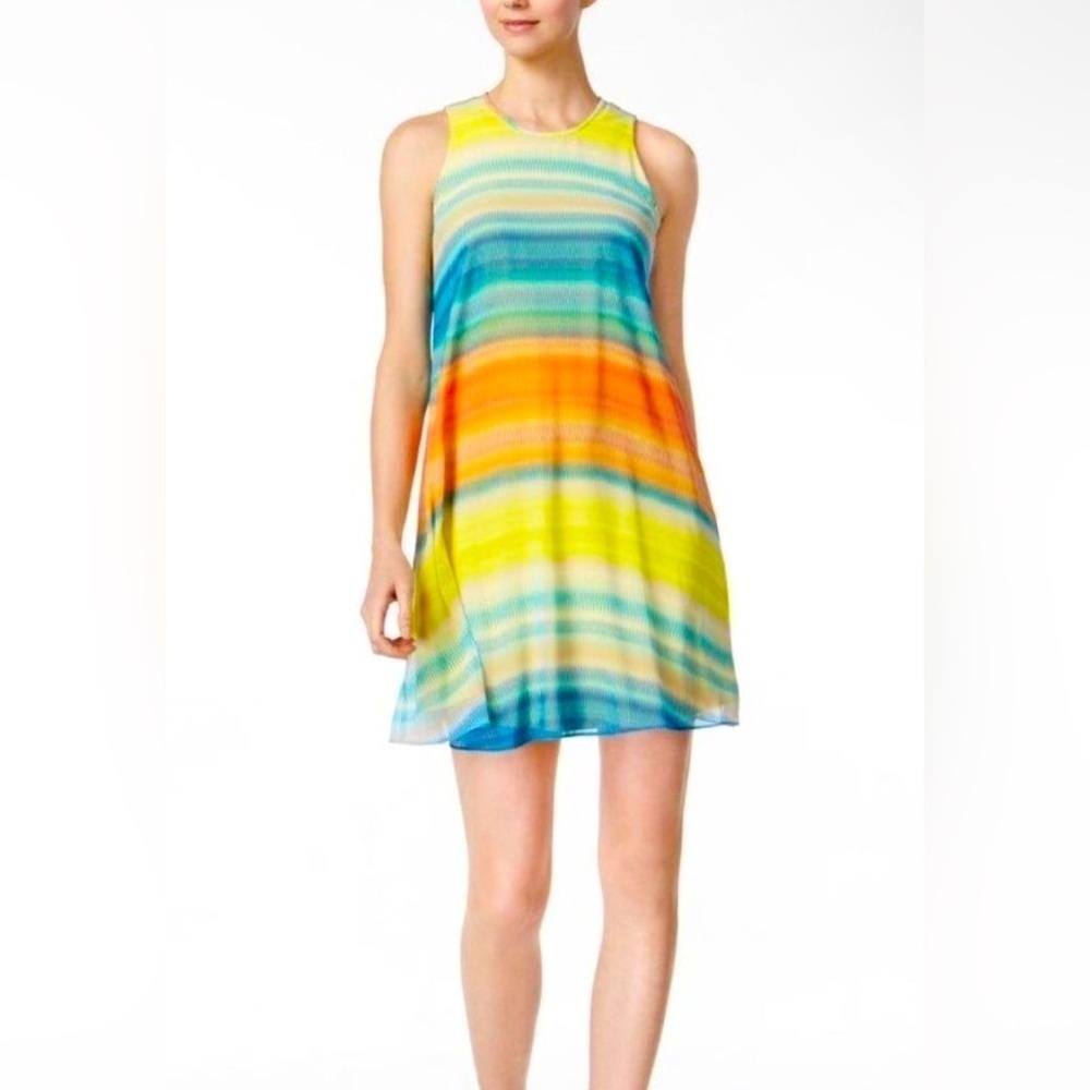 NWOT CALVIN KLEIN Women’s Yellow Blue Multi‎ Spring Summer Easy Cool Sun Dress 2